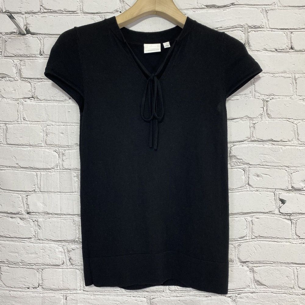 Anthropologie Ett Twa Black Tie Neck Merino Wool Sweater Top‎ Size S Cap Sleeve